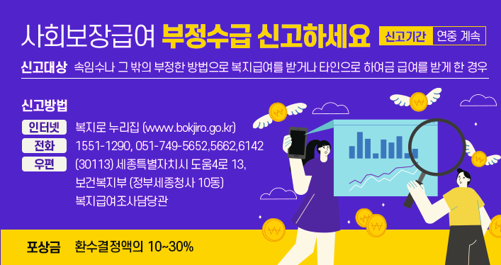 사회보장급여 부정수급 신고하세요
신고대상 : 속임수나 그 밖의 부정한 방법으로 복지급여를 받거나 타인으로 하여금 급여를 받게 한 경우
신고기간 : 연중 계속
신고방법
    - 인터넷 : 복지로 누리집(www.bokjiro.go.kr)
    - 전화 : 1551-1290, 051-749-5652,5662,6142
    - 우편 : (30113)세종특별자치시 도움4로 13, 보건복지부(정부세종청사 10동) 복지급여조사담당관
포상금 : 환수결정액의 10~30%