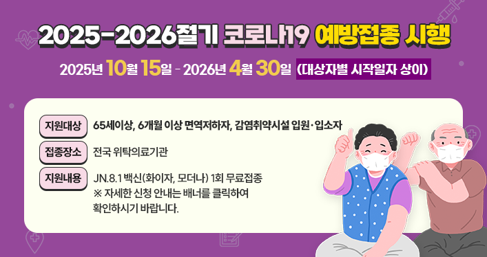 2025-2026절기 코로나19 예방접종 시행
시행기간: 2025년10월15일~2026년4월30일(대상자별 시작일자 상이)
지원대상: 65세이상, 6개월 이상 면역저하자, 감염취약시설 입원·입소자
접종장소: 전국 위탁의료기관
지원내용: JN.8.1 백신(화이자, 모더나) 1회 무료접종
※ 자세한 신청 안내는 배너를 클릭하여 확인하시기 바랍니다.