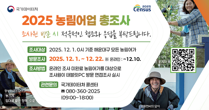 2025 농림어업총조사 실시

조사원 방문 시 적극적인 협조와 응답을 부탁드립니다.

- 조사대상 : 2025. 12. 1. 0시 기준 해운대구 모든 농림어가
- 방문조사 : 2025. 12. 1. ~ 12. 22. ※ 온라인 : ~ 12. 10.
- 조사방법 : 온라인 조사 미완료 농림어가를 대상으로 조사원이 태블릿PC 방문 면접조사 실시
- 관련문의 : 국가데이터처 콜센터 080-360-2025 (09:00~18:00)

qr코드 주소 www.affcensus.go.kr