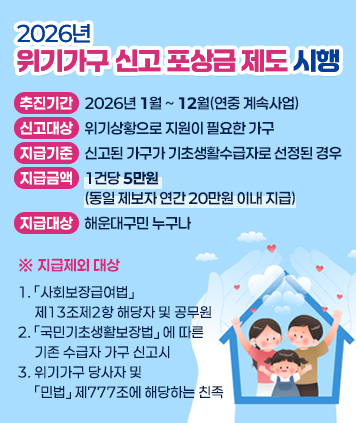 2026년 위기가구 신고 포상금 제도 시행

추진기간: 2026년 1월 ~ 12월(연중 계속사업)
신고대상: 위기상황으로 지원이 필요한 가구
지급기준: 신고된 가구가 기초생활수급자로 선정된 경우
지급금액: 1건당 5만원(동일 제보자 연간 20만원 이내 지급)
지급대상: 해운대구민 누구나

※ 지급제외 대상
1. 「사회보장급여법」제13조제2항 해당자 및 공무원
2. 「국민기초생활보장법」에 따른 기존 수급자 가구 신고시
3. 위기가구 당사자 및 「민법」제777조에 해당하는 친족