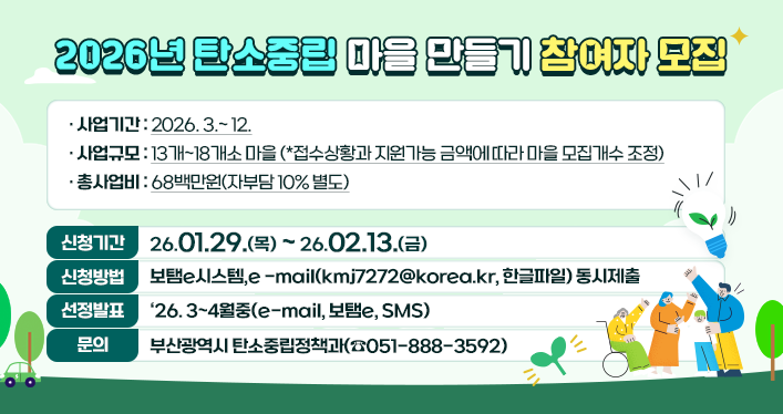 2026년 탄소중립 마을 만들기 참여자 모집
사업기간 : 2026. 3.~ 12.
사업규모 : 13개~18개소 마을 (*접수상황과 지원가능 금액에 따라 마을 모집개수 조정)
총사업비 : 68백만원(자부담 10% 별도)
신청기간 : 26.01.29.(목) ~ 26.02.13.(금)
신청방법 : 보탬e시스템,e -mail(kmj7272@korea.kr, 한글파일) 동시제출
선정발표 : ‘26. 3~4월중(e-mail, 보탬e, SMS)
문의: 부산광역시 탄소중립정책과(☎051-888-3592)
