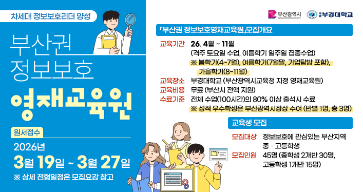 2026년도 부산권 정보보호영재교육원 교육생 모집 홍보

1. 「부산권 정보보호영재교육원」모집개요
교육기간 : 26. 4월 ~ 11월 (격주 토요일 수업, 여름학기 일주일 집중수업)
※ 봄학기(4~7월), 여름학기(7월말, 기업탐방 포함), 가을학기(8~11월)    
교육장소 : 부경대학교(부산광역시교육청 지정 영재교육원)
교육비용 : 무료(부산시 전액 지원)
수료기준 : 전체 수업(100시간)의 80% 이상 출석시 수료
※ 성적 우수학생은 부산광역시장상 수여(반별 1명, 총 3명)

2. 교육생 모집
모집대상 : 정보보호에 관심있는 부산지역 중ㆍ고등학생
모집인원 : 45명(중학생 2개반 30명, 고등학생 1개반 15명)
원서접수 : 26.3.19. ~ 3.27. ※ 상세 전형일정은 모집요강 참고