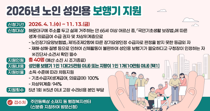 2026년 노인 성인용 보행기 지원

신청기간: 2026. 4. 1.(수) ~ 11. 13.(금)
신청대상: 해운대구에 주소를 두고 실제 거주하는 만 65세 이상 어르신 중,「국민기초생활 보장법」에 따른 생계·의료급여 수급 권자 및 차상위계층으로
- 노인장기요양보험법」제15조제2항에 따른 장기요양인정 수급자로 판정을 받지 못한 등급외 자
- 재해·상해·질병 등으로 인하여 신체활동이 불편하여 성인용 보행기가 필요하다고 구청장이 인정하는 자 ※진단서·소견서 확인 필수
지원인원: 총 40명 (예산 소진 시 조기종료)
지원내용: 성인용 보행기 1인 1대(25만원 이내) 또는 지팡이 1인 1개(10만원 이내) [택1]
지원비율: 소득 수준에 따라 차등지원
- 기초수급자(생계급여, 의료급여): 100%
- 차상위계층: 94%
지원횟수: 5년 1회 ※5년 이내 고장 수리비용 본인 부담
접 수 처 : 주민등록상 소재지 동 행정복지센터(신분증 지참하여 방문신청)