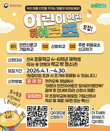 우리 마을 안전을 지키는 영웅이 되어보세요! 어린이 안전 히어로즈 모집!

1.신청대상 : 전국 초등학교 4~6학년 재학생 또는 동 연령대 학교 밖 청소년
2.모집기간 : 2026.4.1.~4.30. (모집인원 초과 시 조기에 종료될 수 있습니다.)
01) 안전신문고 가입하고
02) 신청하고
03) 주변 위험요소 신고하기

3.신청방법
01) 온라인 : 카카오톡 채널에서 어린이 안전히어로즈 모여라!(행안부) 검색 후 안내에 따라 신청서 제출!
(아래 QR코드로도 신청할 수 있어요!)
02) 오프라인 : 각 초등학교에 배포된 가입신청서 작성 및 제출(우편 또는 팩스)

신청하기QR코드 (신청폼)
https://form.naver.com/response/uL8XiTsNdph-Fp2K_zYLgA

자세히 알아보기QR코드 (상세내용-카카오톡)
https://pf.kakao.com/_xaqDgG?from=qr