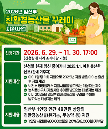 2026년 임산부 친환경농산물 꾸러미 지원사업
신청기간: 2026. 6. 29.~ 11. 30. 17:00(신청량에 따라 조기마감 가능)
지원대상: 신청일 현재 임신 중이거나 2025.1.1. 이후 출산한 산모(관내 거주자)
※ 아이1명 당 1회 지원으로 2025년 지원 받은 아이는 출산 후 지원 제외
※ 보건소 영양플러스 지원사업을 받고 있는 대상자는 제외
※ 농식품바우처 지원사업 수혜를 받고있는 대상자는 제외
※ 이미 2026년 임산부 친환경농산물 꾸러미 수혜를 받고있는 대상자는 제외
지원내용: 임산부 1인당 연간 48만원 상당의 친환경농산물(유기농, 무농약 등) 지원
※ 1인당 사업비(480,000원)의 20%(96,000원) 자부담
