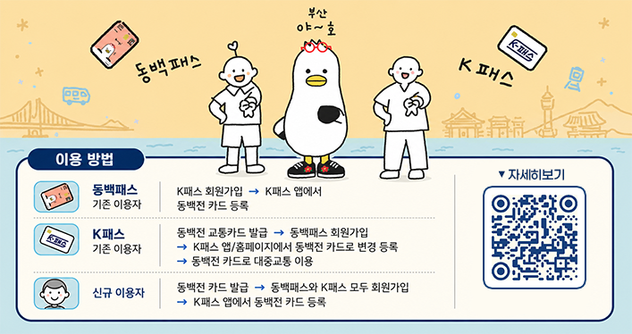 동백패스
부산 야~호
K패스

이용 방법
동백패스 기존 이용자 : K패스 회원가입 → K패스 앱에서 동백전 카드 등록
K패스 기존 이용자 : 동백전 교통카드 발급 → 동백패스 회원가입 → K패스 앱/홈페이지에서 동백전 카드로 변경 등록 → 동백전 카드로 대중교통 이용
신규 이용자 : 동백전 카드 발급 → 동백패스와 K패스 모두 회원가입 → K패스 앱에서 동백전 카드 등록
QR코드(자세히보기) : https://eventworld.co.kr/2026dong100pass